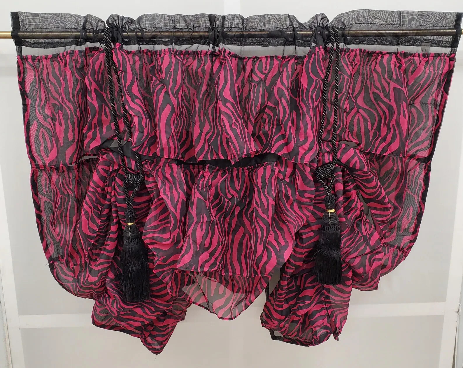 Zebra Print Magenta and Black or Cyan and Black Sheer Voile Tie-up Valance