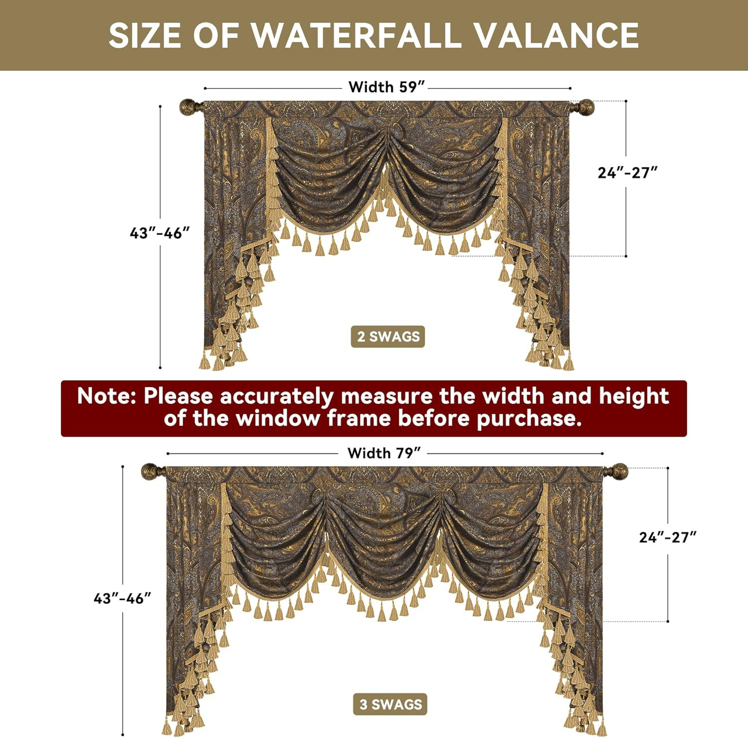 Luxury Jacquard Waterfall Valance for Living Room, Classic Antique Swag Window V
