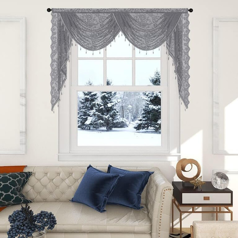 Grey Lace Waterfall Swag Curtain Valances for Living Room Windows, Boho Semi She