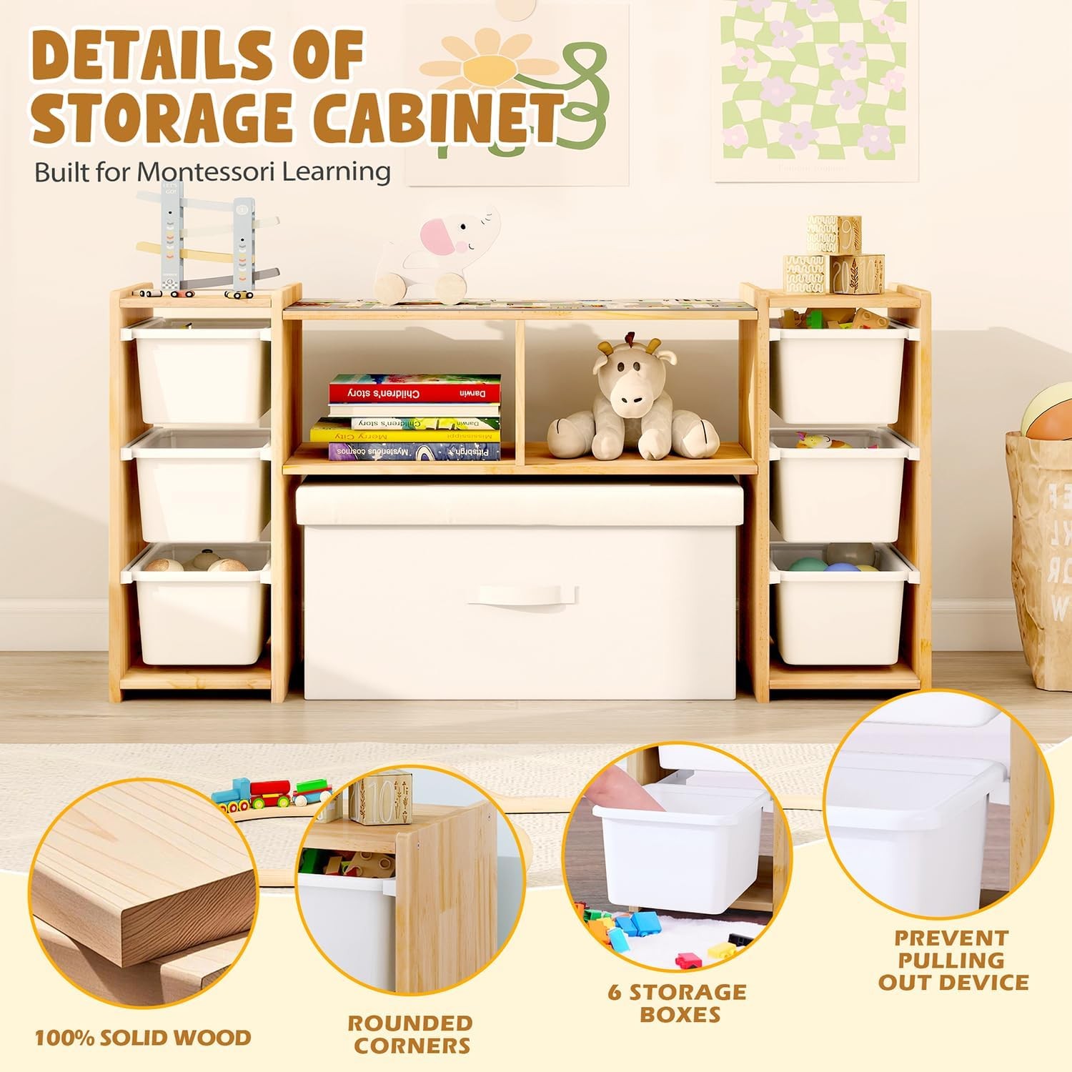 Montessori Shelf for Kids – 100% Solid Pine Wood with 6 Removable Plastic Bins,