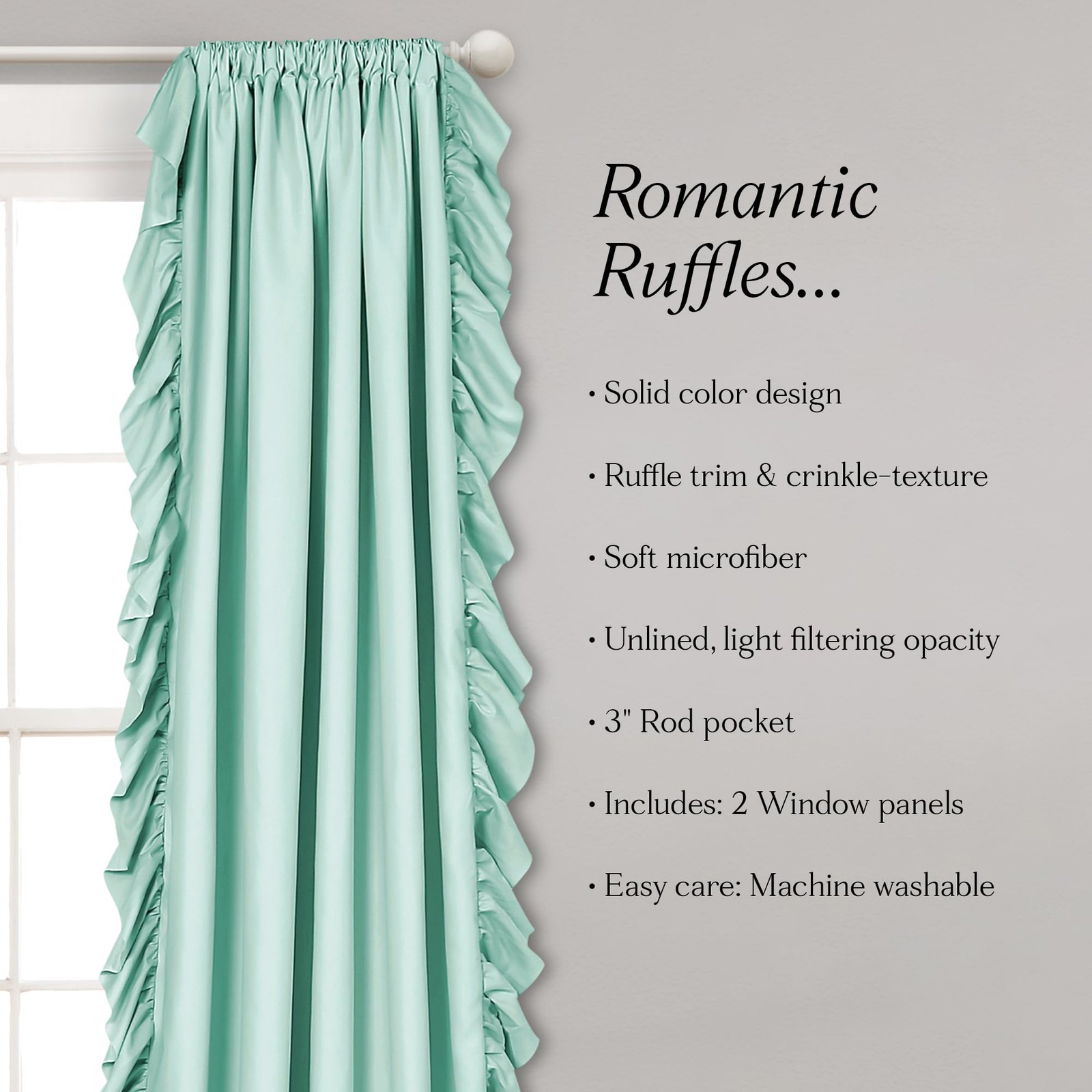 Reyna Ruffle Window Curtain Set, 137.2 x 213.4 cm, Light Blue, Flowy Curtain…