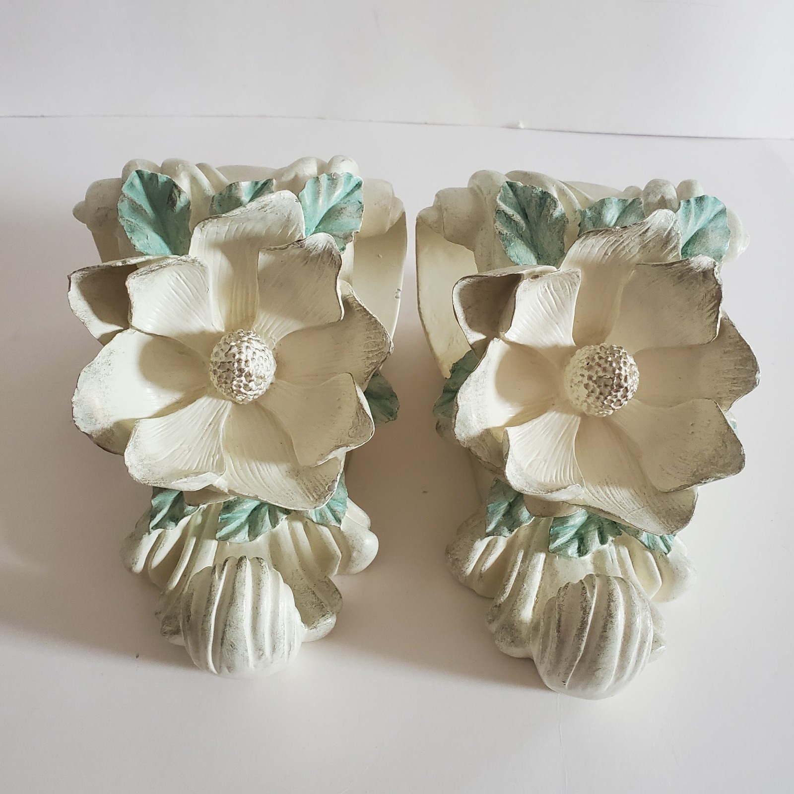Drape Rod Holders Ivory Pastel Green Magnolia Flower Heavy Resin Set Of 2