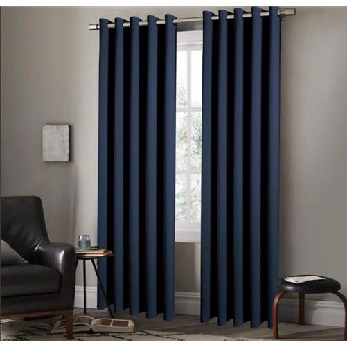 Navy Blue EYELET Ring Top Plain Thermal BLACKOUT LINED Curtains with Tie Backs