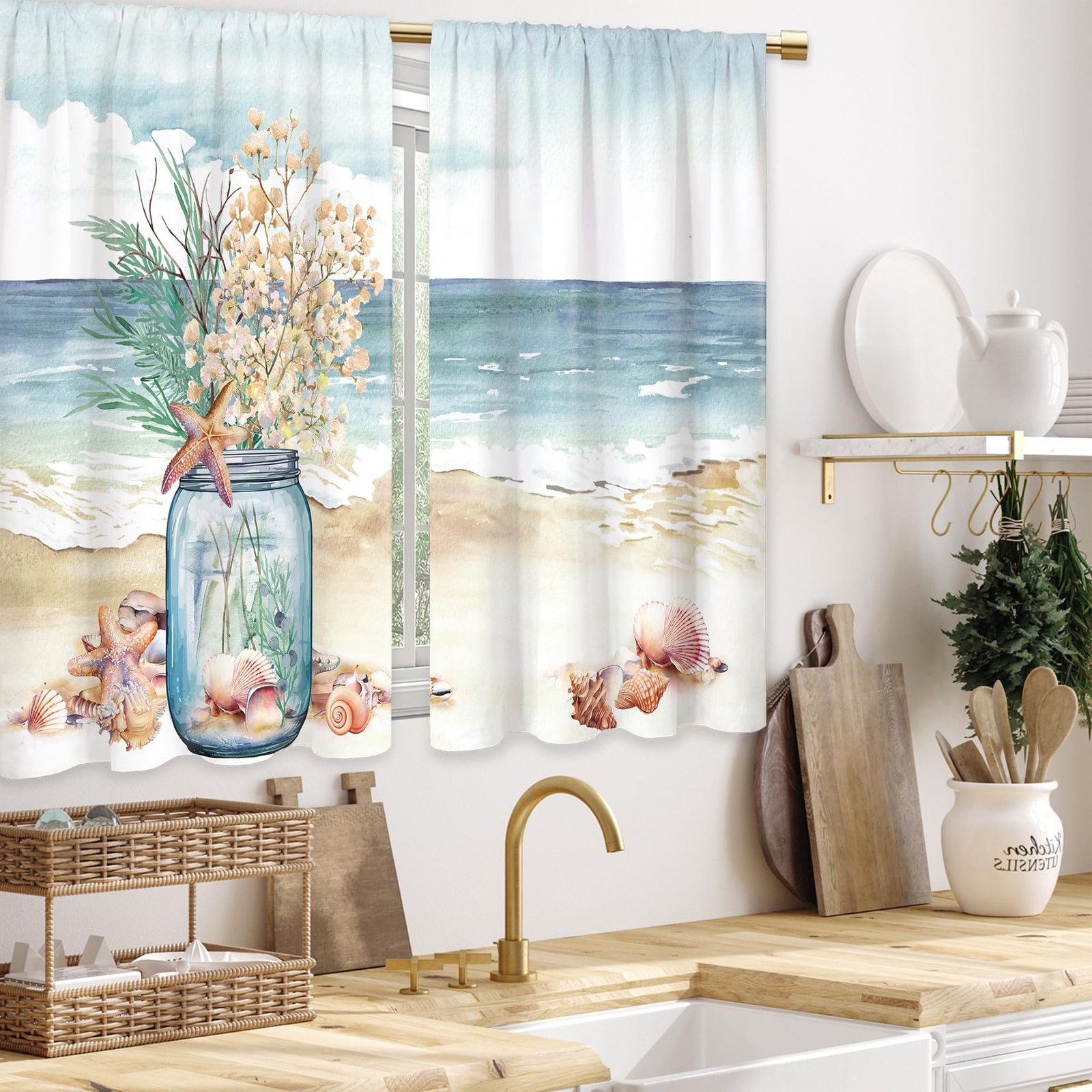 Cinekker Summer Coastal Kitchen Curtains – Starfish Blue Sea Bathroom Window …
