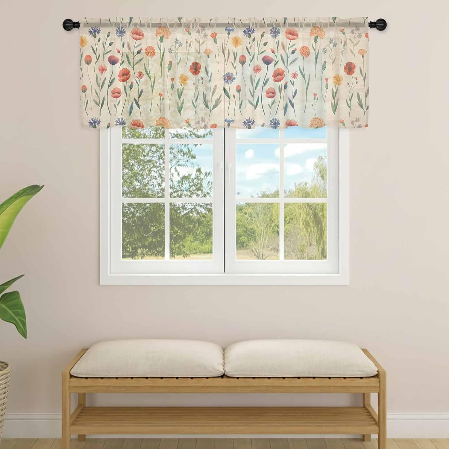 Retro Small Floral Sheer Valance Curtains for Kitchen Living Room Decor, Rustic