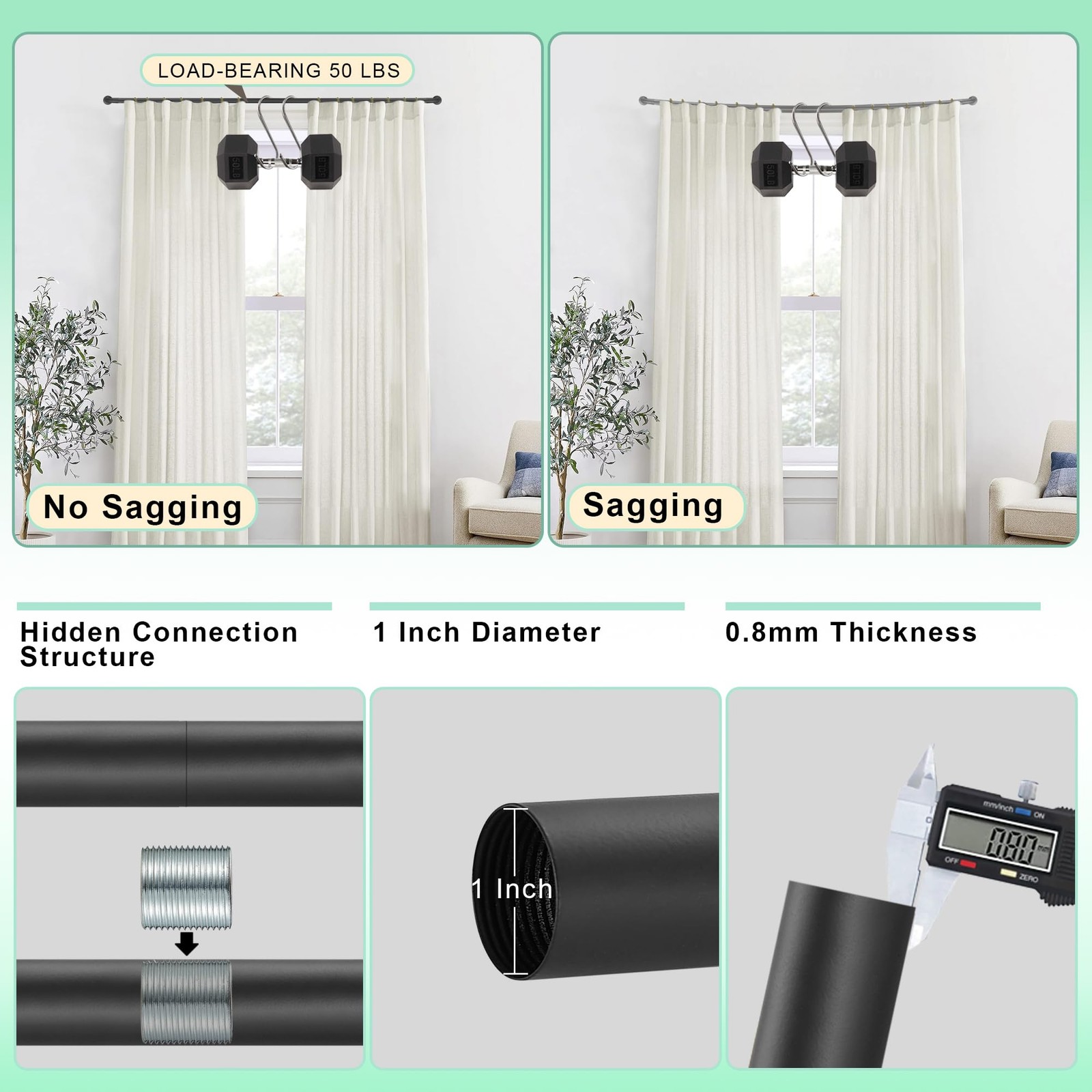 Black Curtain Rod for Windows 28 to 56 Inch, Internal Splicing 1 Inch Diamete…