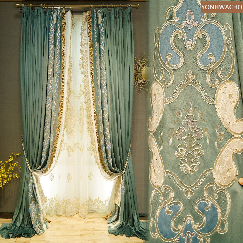 high-grade American flannel blue green thick velvet cloth curtain tulle C610