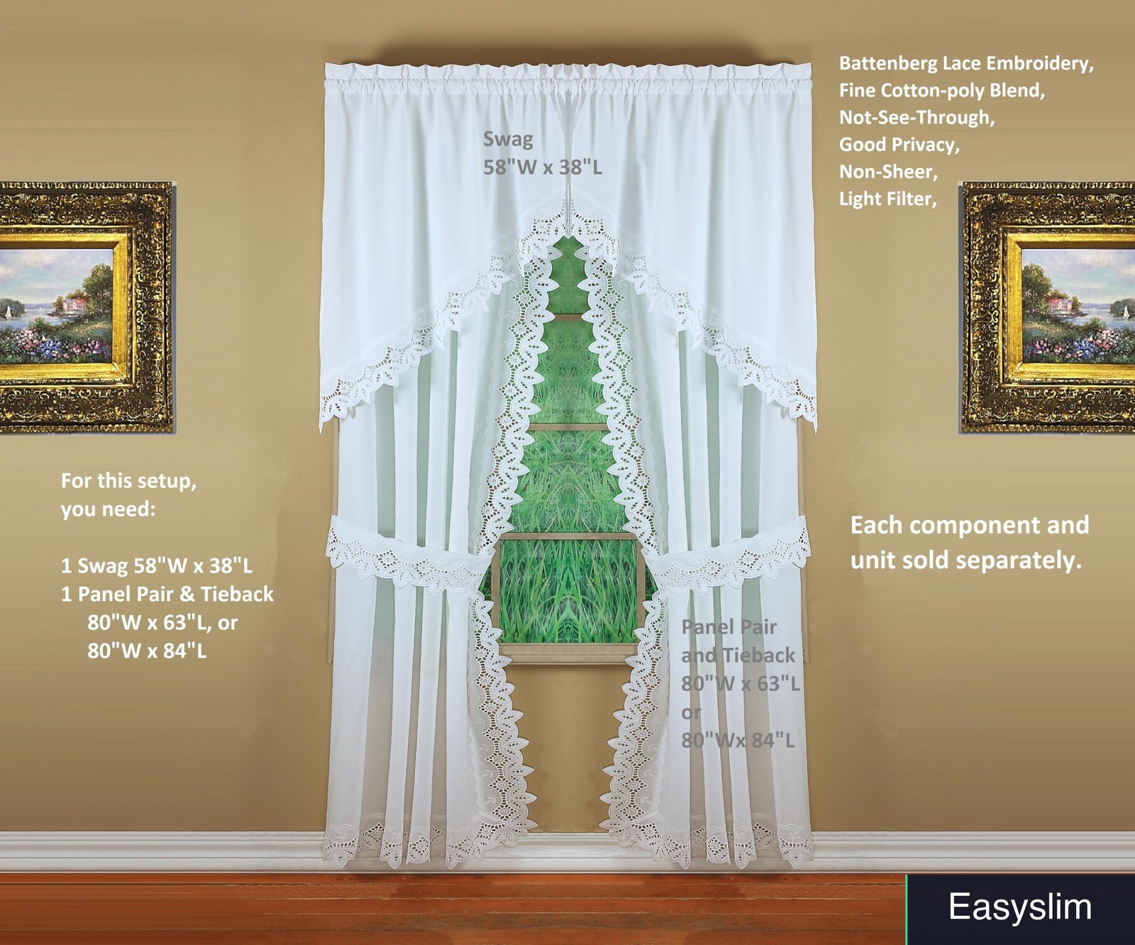 Curtain Panel Pair 80×84 Inch White Battenberg Eyelet 4 Piece Set