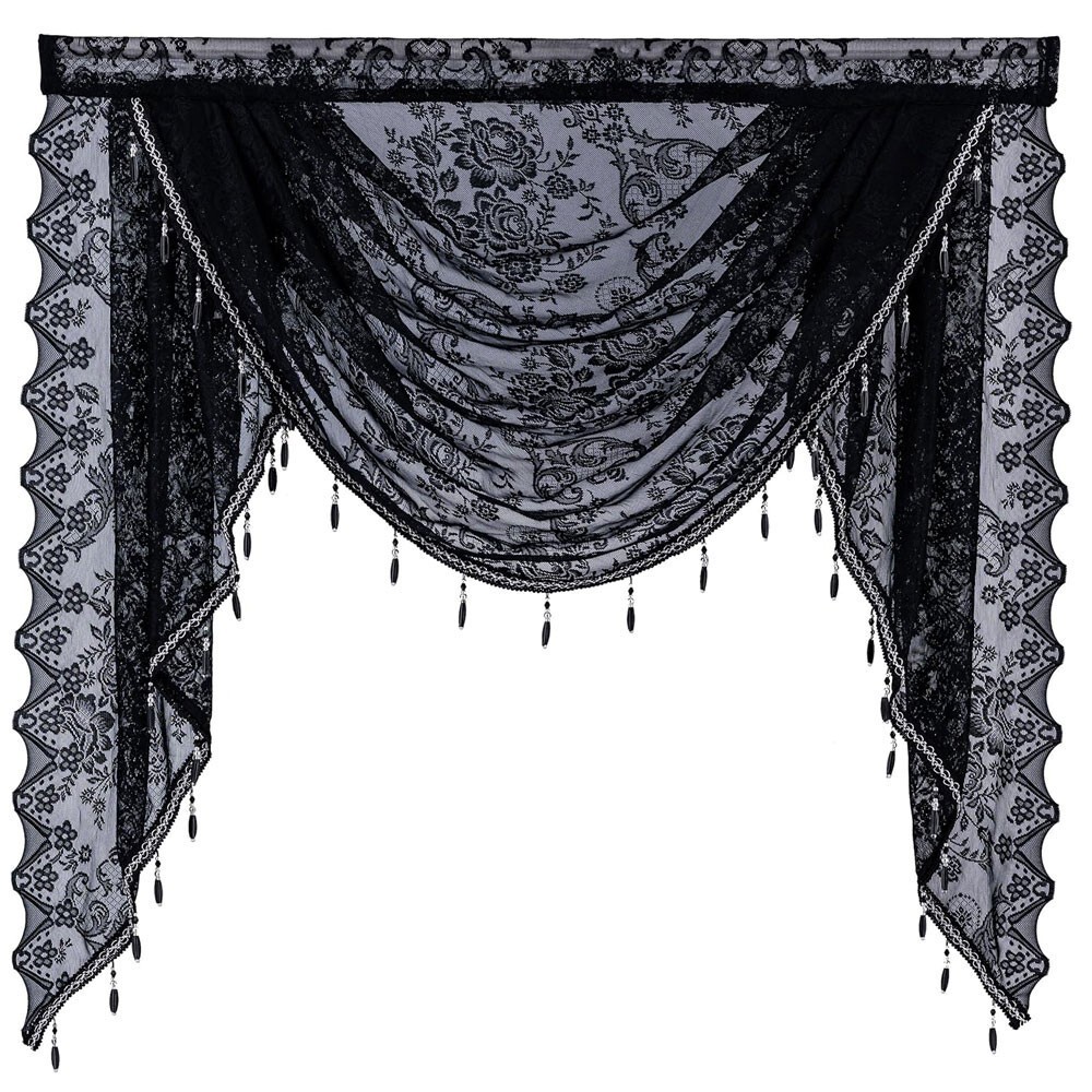 Vintage Embroidered Waterfall Lace Window Curtain Swag Valance with Bead Tassels