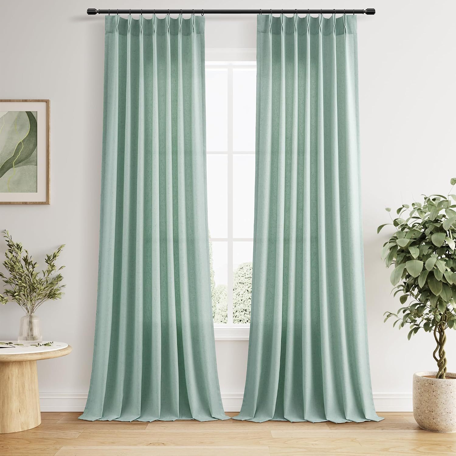 Aqua Green Pinch Pleated Linen Curtains 96 Inch Length 2 Panels for Living Room