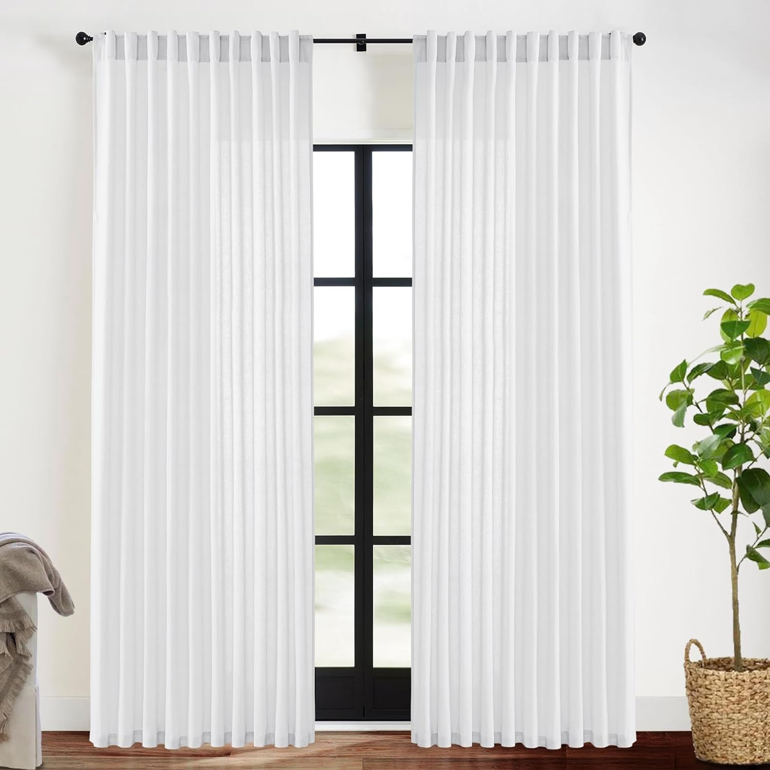 White 90″ Linen Cotton Sheer Curtains for Bedroom – 2 Panels, 70″ Wide
