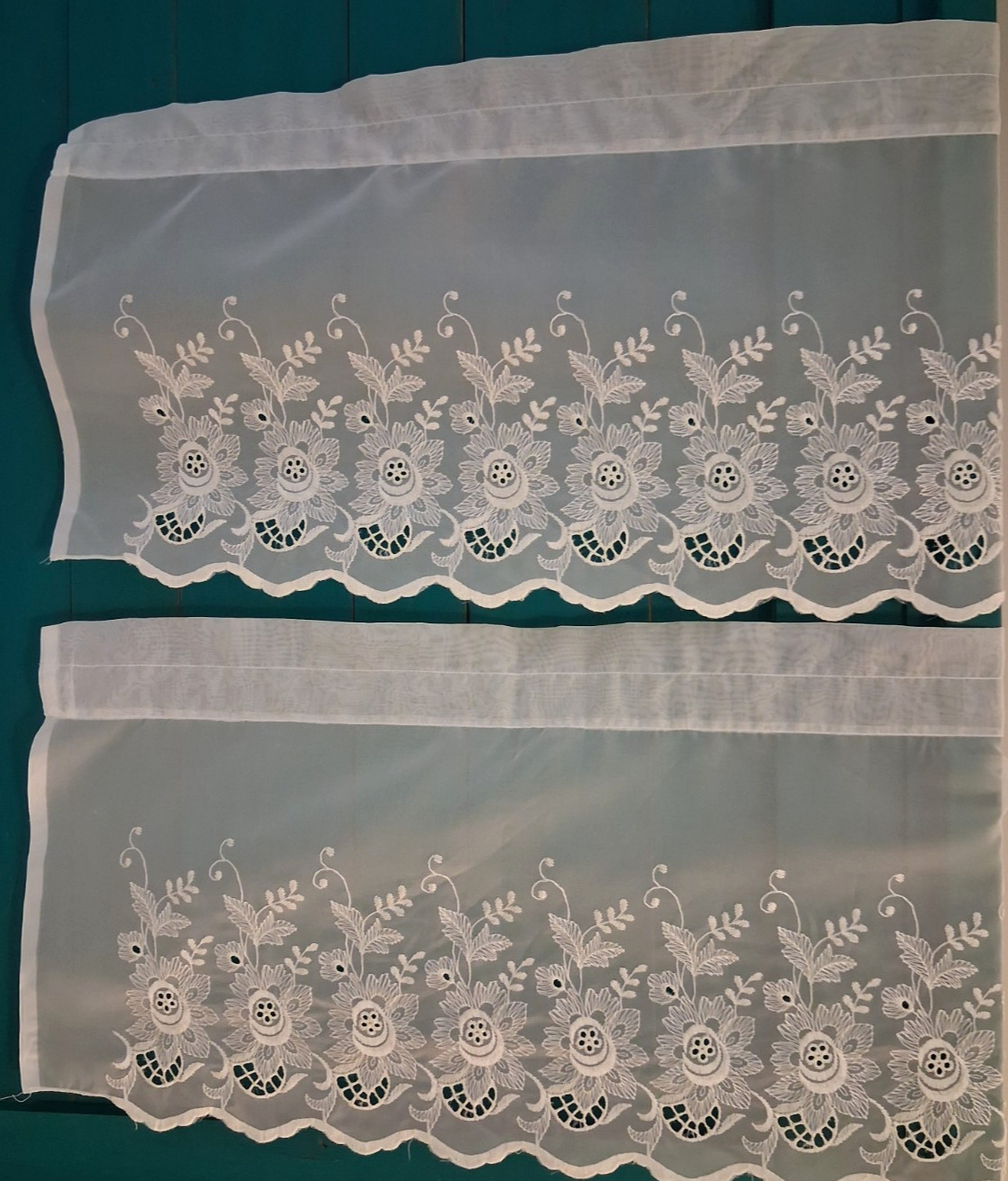 2 Sheer Lace Edged Rod Pocket Valances Cream Off White 58″ x 15″ Cottage Core