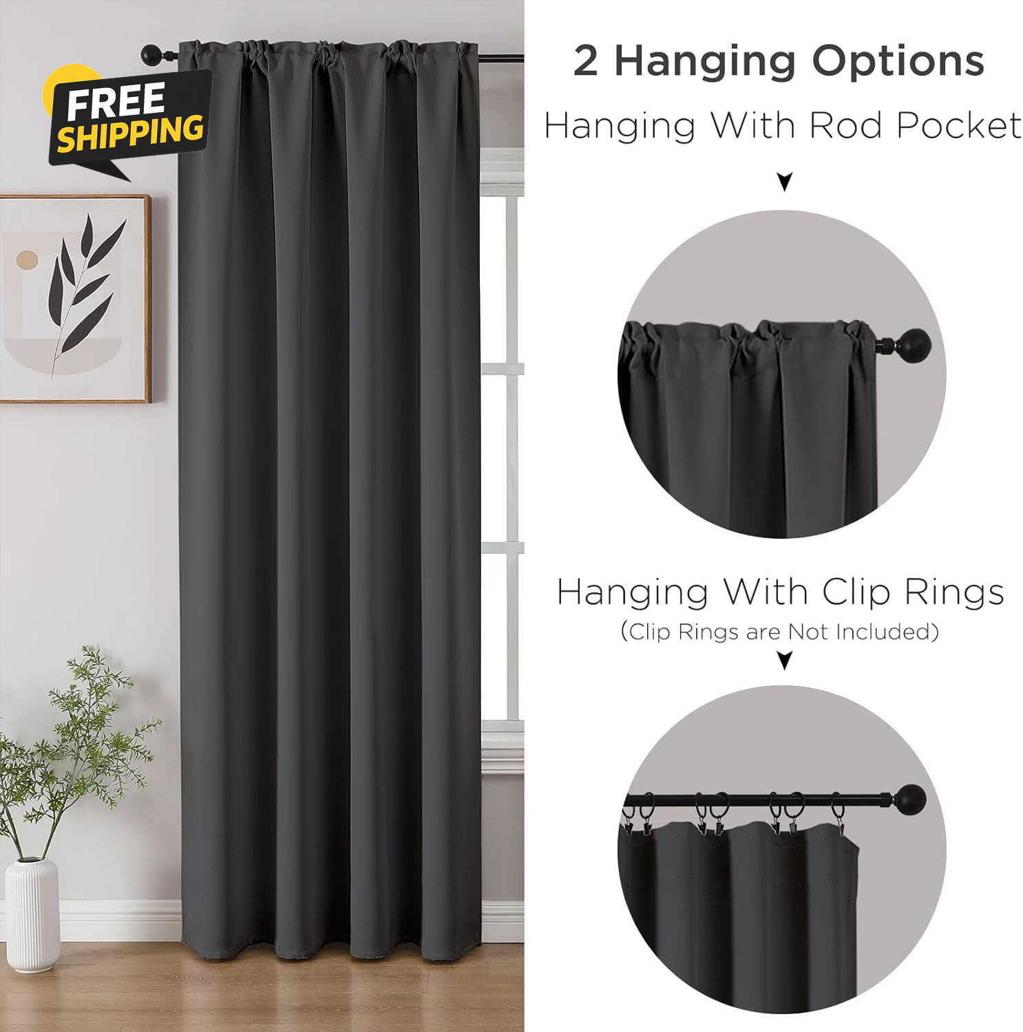 Dark Grey Blackout Curtains 54 Inch Length 2 Panels Set, Rod Pocket Room