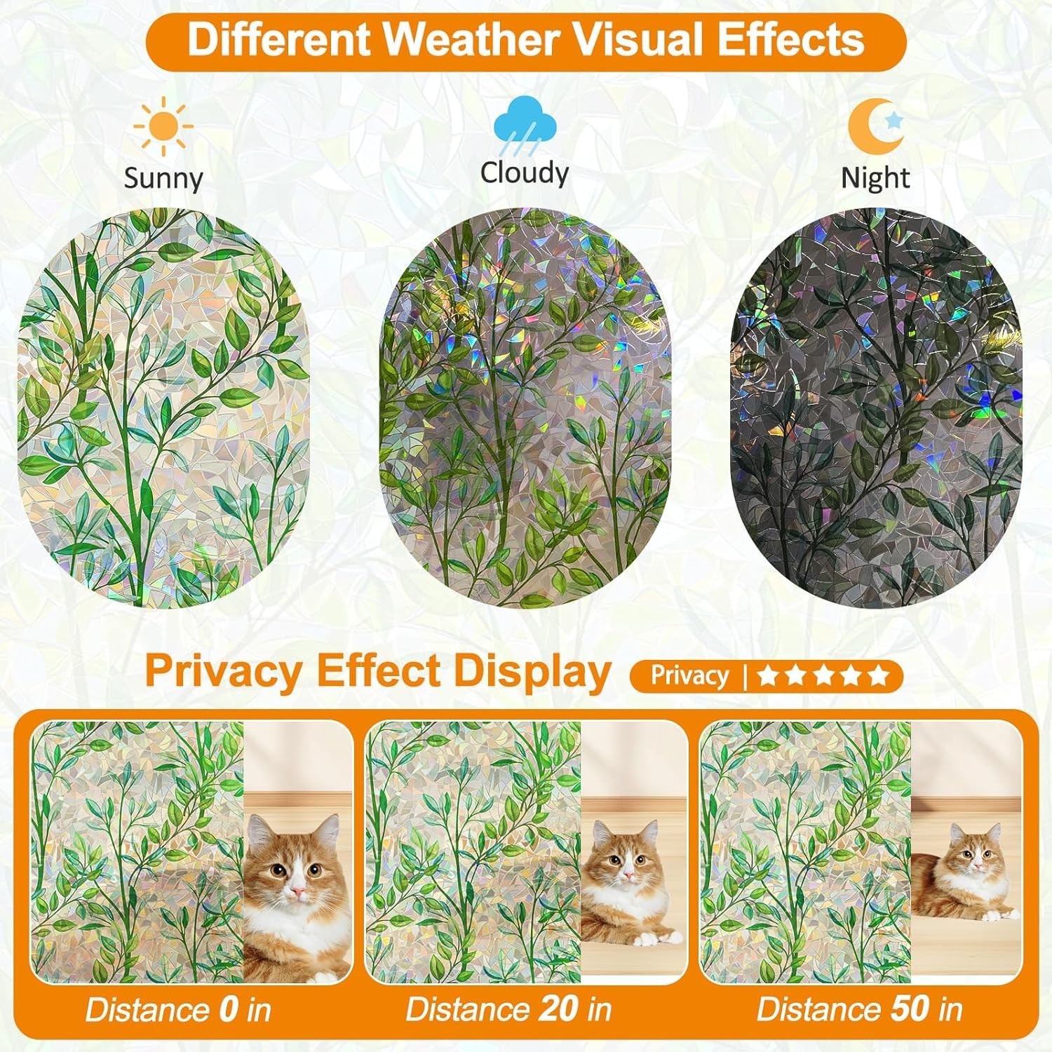 Leaf Rainbow Window Privacy Film, 78.7×17.5in – Non-Adhesive & Reusable Design