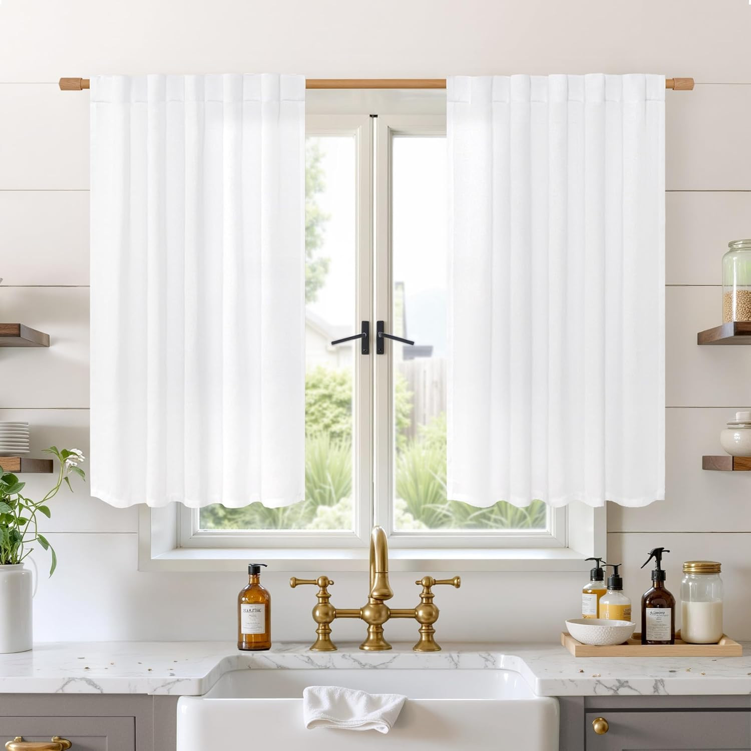 Bgment White Linen Kitchen Curtains 40 Inch Length for Short Windows, Semi Sheer