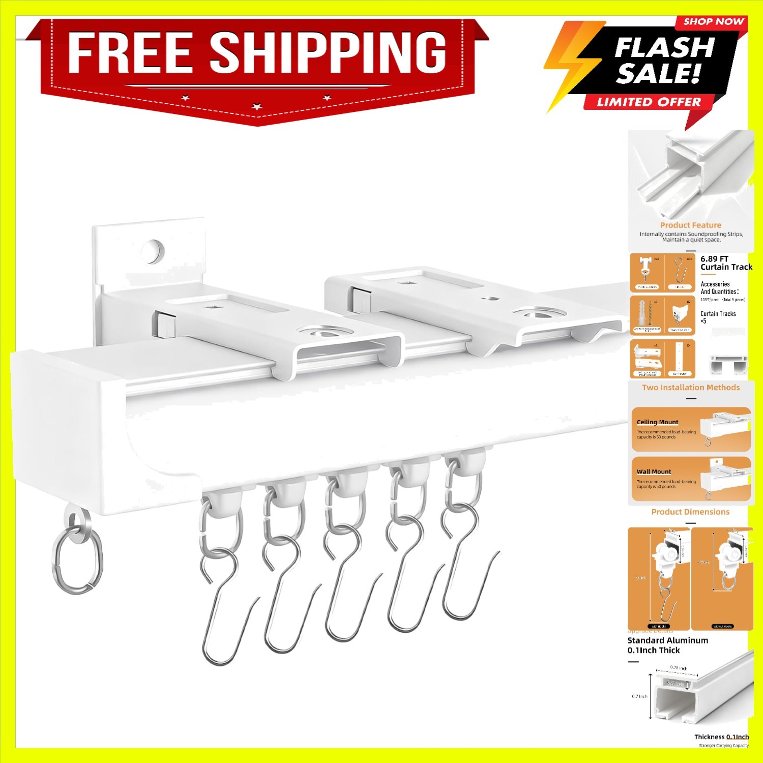 Curtain Tracks Ceiling Wall Mounted White 6.89FT Thickened Style Curtain Trac…