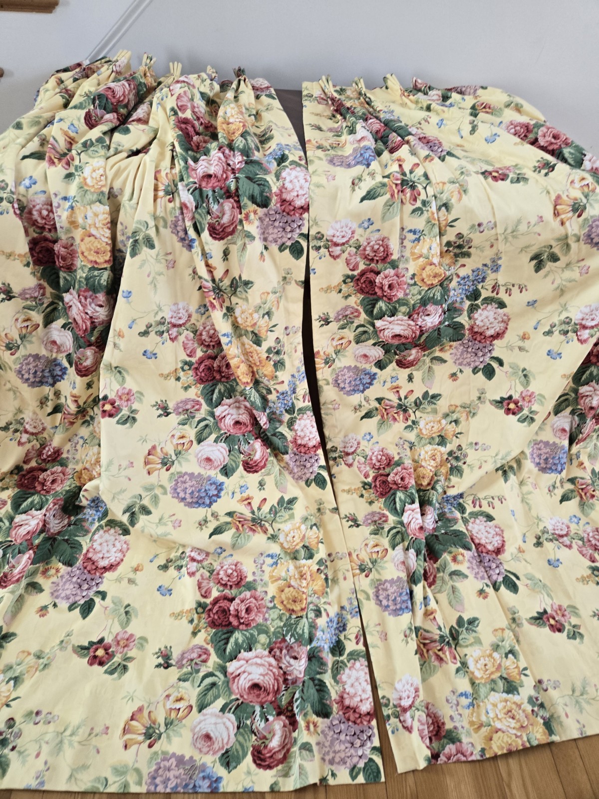 2 Custom English Country Cottage Rose Yellow Multi Pinch Pleat Drapes W30xL86
