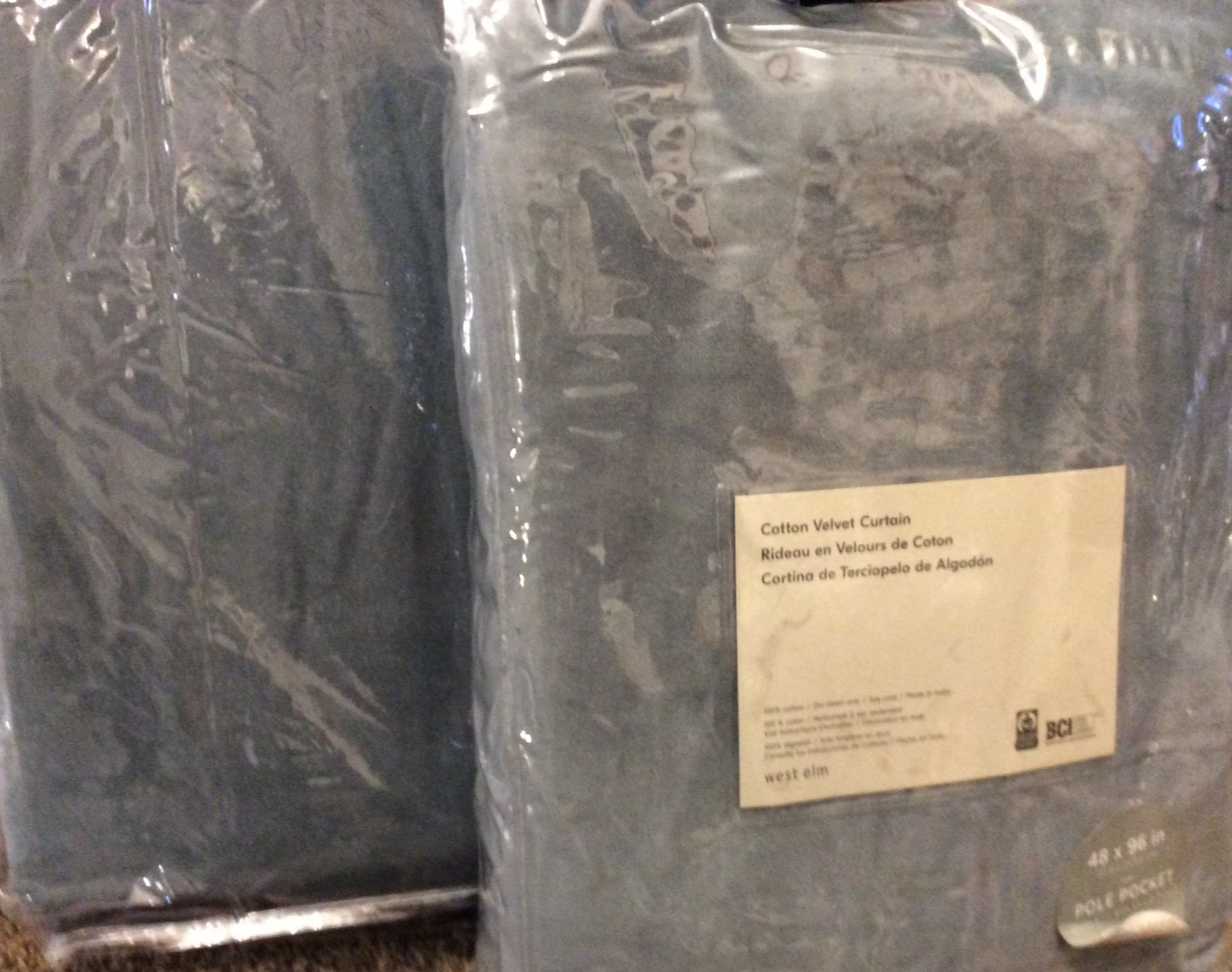 West Elm Two (2) Cotton Velvet Curtains 48×96 Ocean Blue NWT Unlined