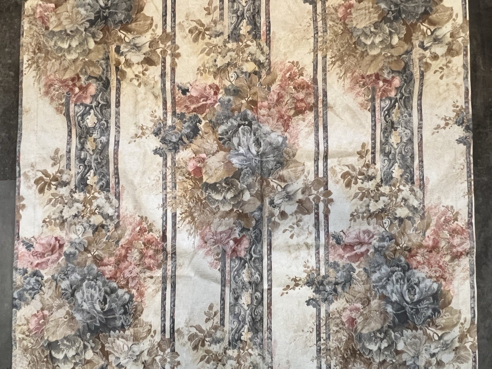 VTG JCP PINK BLUE ROSE FLORAL STRIPE DAMASK FABRIC PLEATED DRAPE PAIR 26×84 EUC