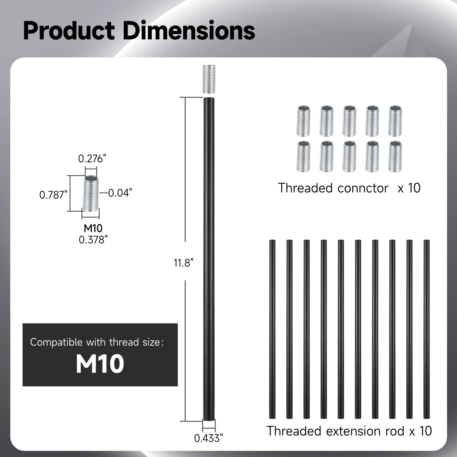 Lnrueg Matte Black M10 Threaded Extension Rod, 10 PCS 12 Inches Threaded Exte…