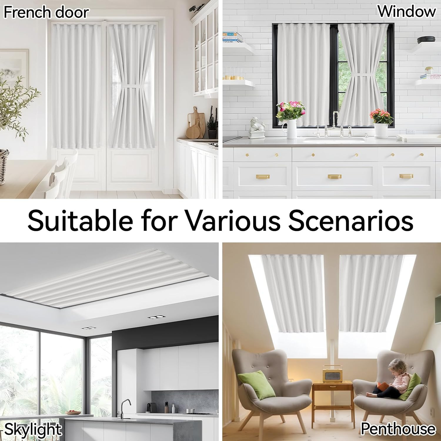 Rodless Self-Adhesive French Door Curtain, Light Filtering, 25×72, Greyish White