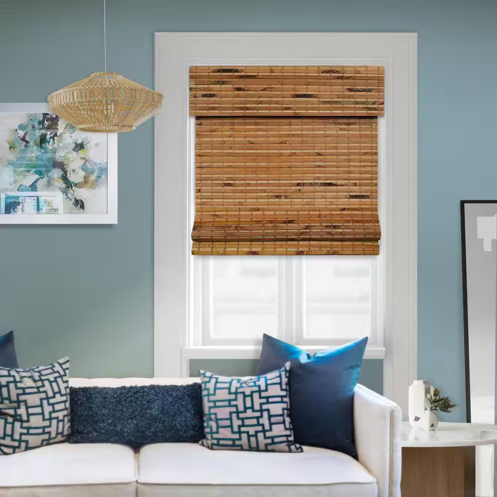 Natural Woven Light Filtering Cordless Bamboo Roman Shades for Windows, 32 In. W