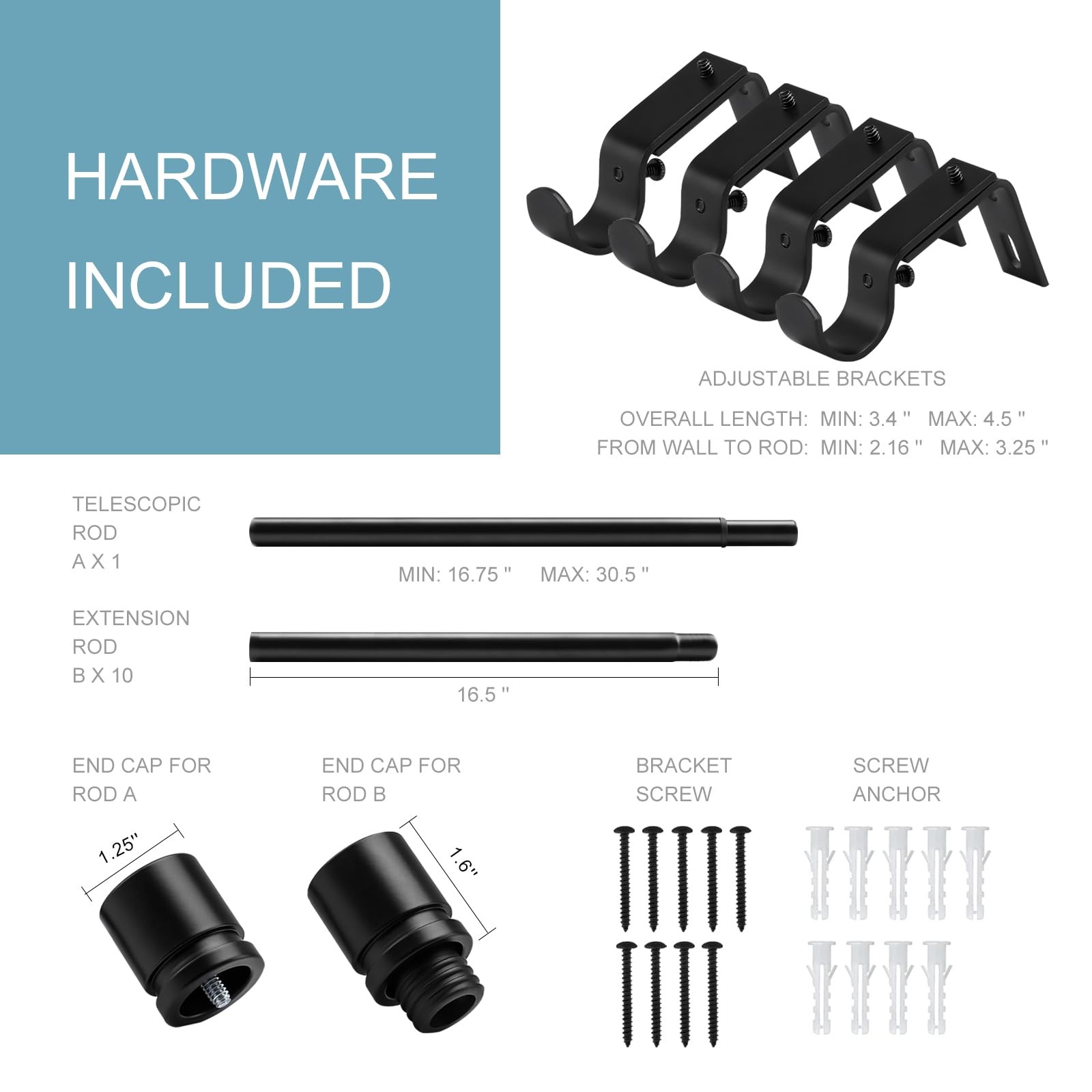 Byondeth Curtain Rods for Windows 16 to 170 Inches 16″ 170″, Black