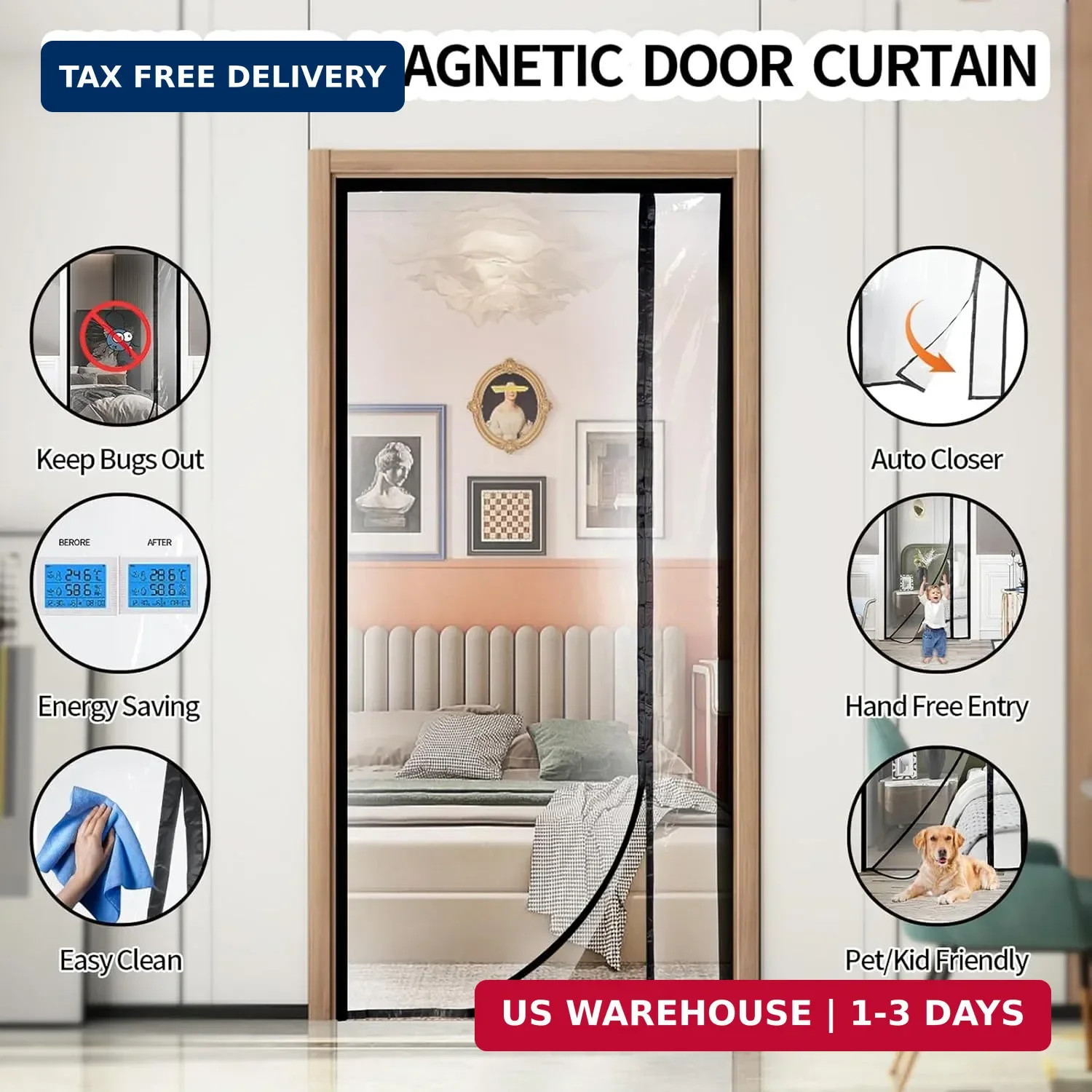 Transparent Reversible Left or Right Side Opening Insulated Door Curtain, Magnet