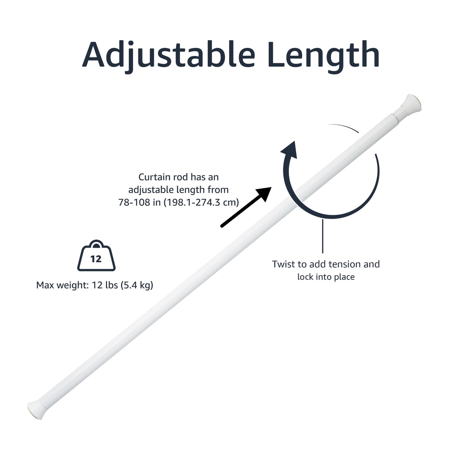 Adjustable Spring Tension Curtain Rod 78-108 in. White No Drill Rod Classic