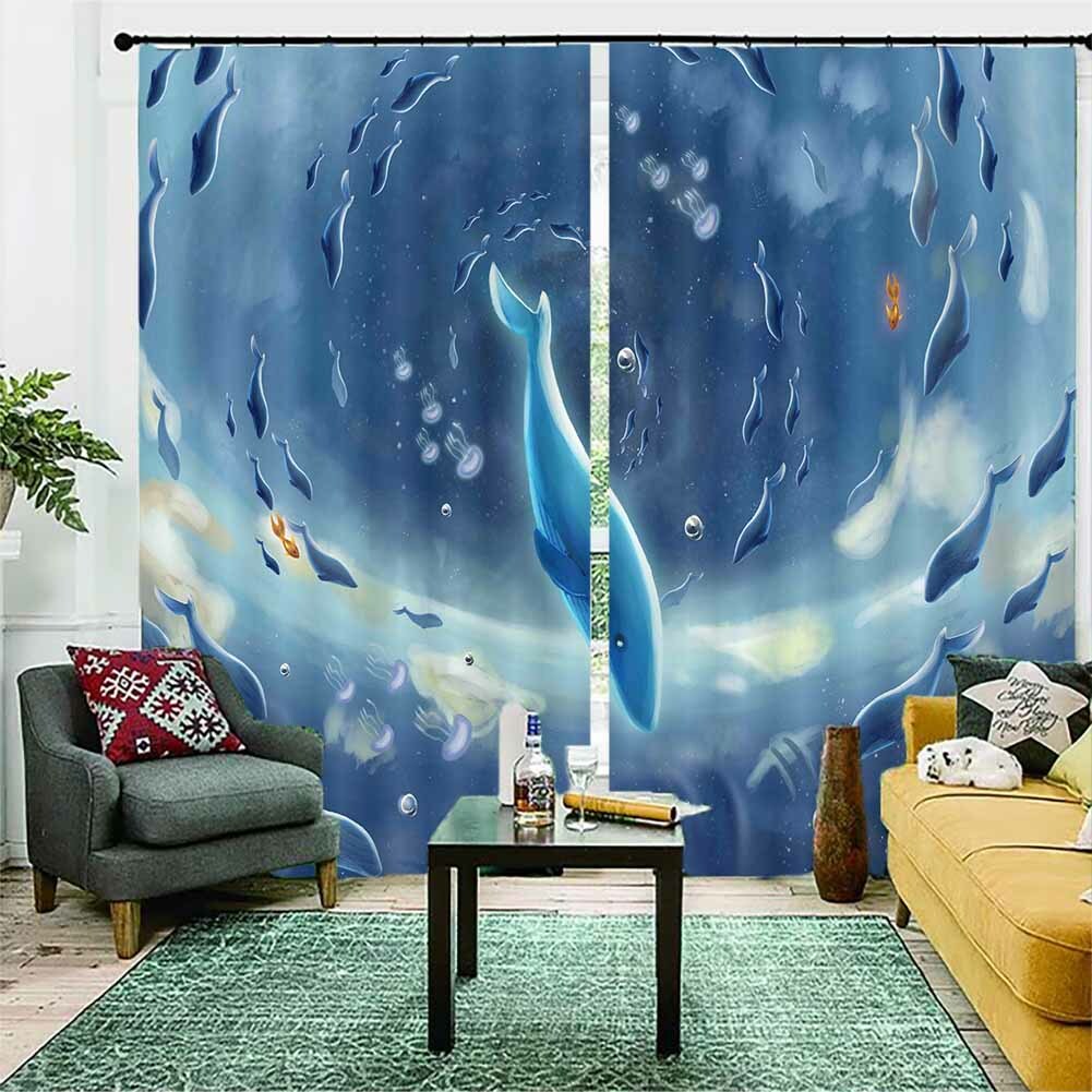 Stereo Many Blue Whales 3D Curtain Blockout Photo Printing Curtains Drape Fabric
