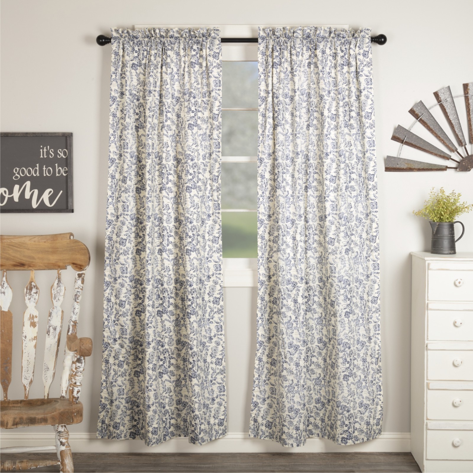 Doylestown Whimsical Blue Floral Country Cottage Lined Window Panels 2 Sizes