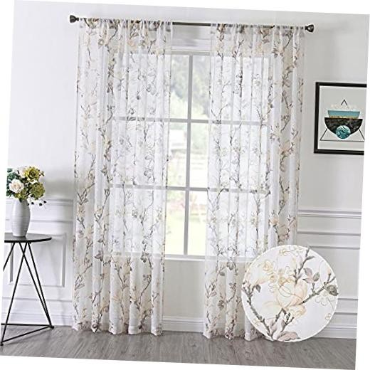 Tollpiz Floral Short Sheer Curtain Flower Print 54″W x 54″L (Pack of 2) White