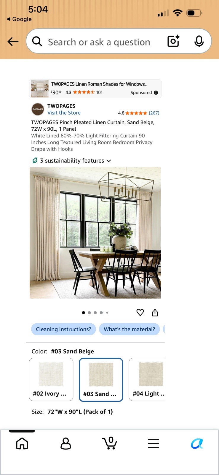 Two Pages 72W X 90L Pinch Pleated Light Filtering Curtain Faux Linen