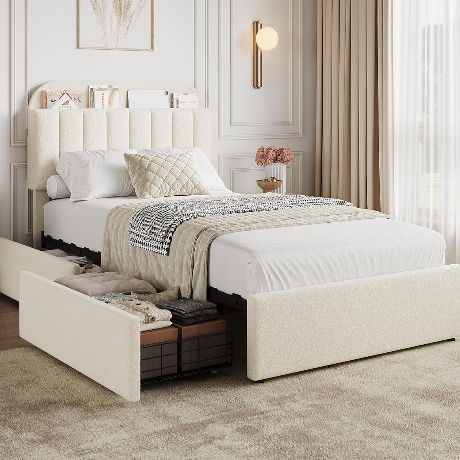 Ivory White Twin Bed Frame with Storage Headboard & Drawers, Easy Assembly