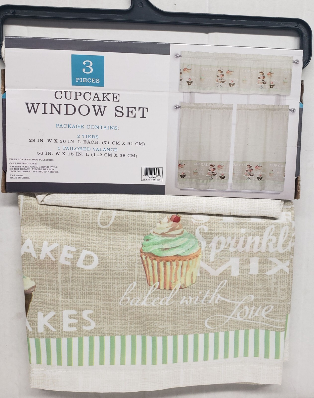 3 pc Printed Kitchen Curtains Set: 2 Tiers (28″x36″)& Valance (56″x15″) CUPCAKES