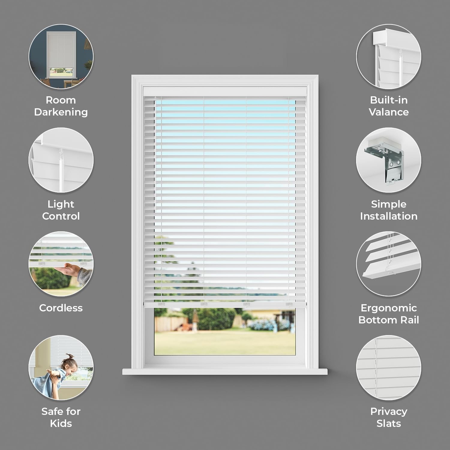 2″ Cordless Flat Slat Faux Wood Window Blinds for Home – 34″ W x 60″ L – Whit…