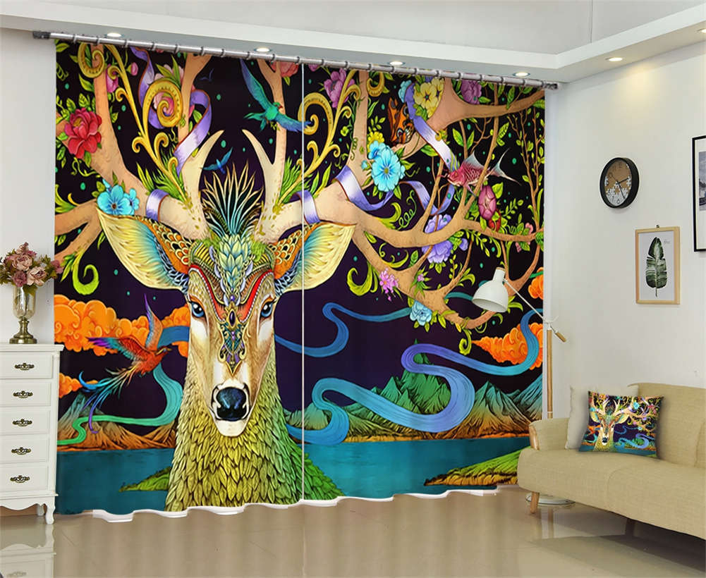 Dreamy Colorful Deer 3D Curtain Blockout Photo Printing Curtains Drape Fabric