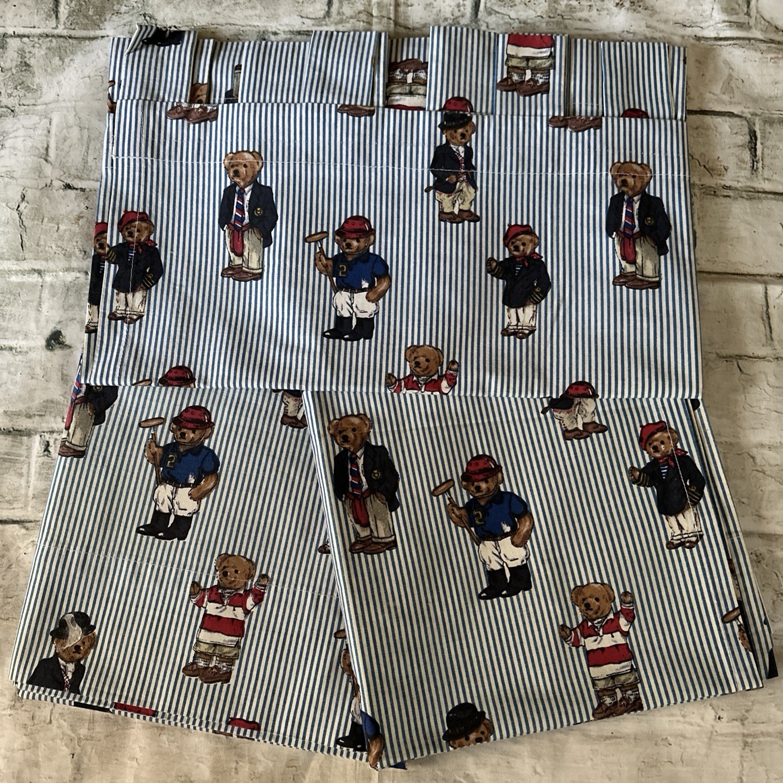 Ralph Lauren Polo Teddy Bear Stripe 2PC Window Panels & 1PC Valance 3PC Set