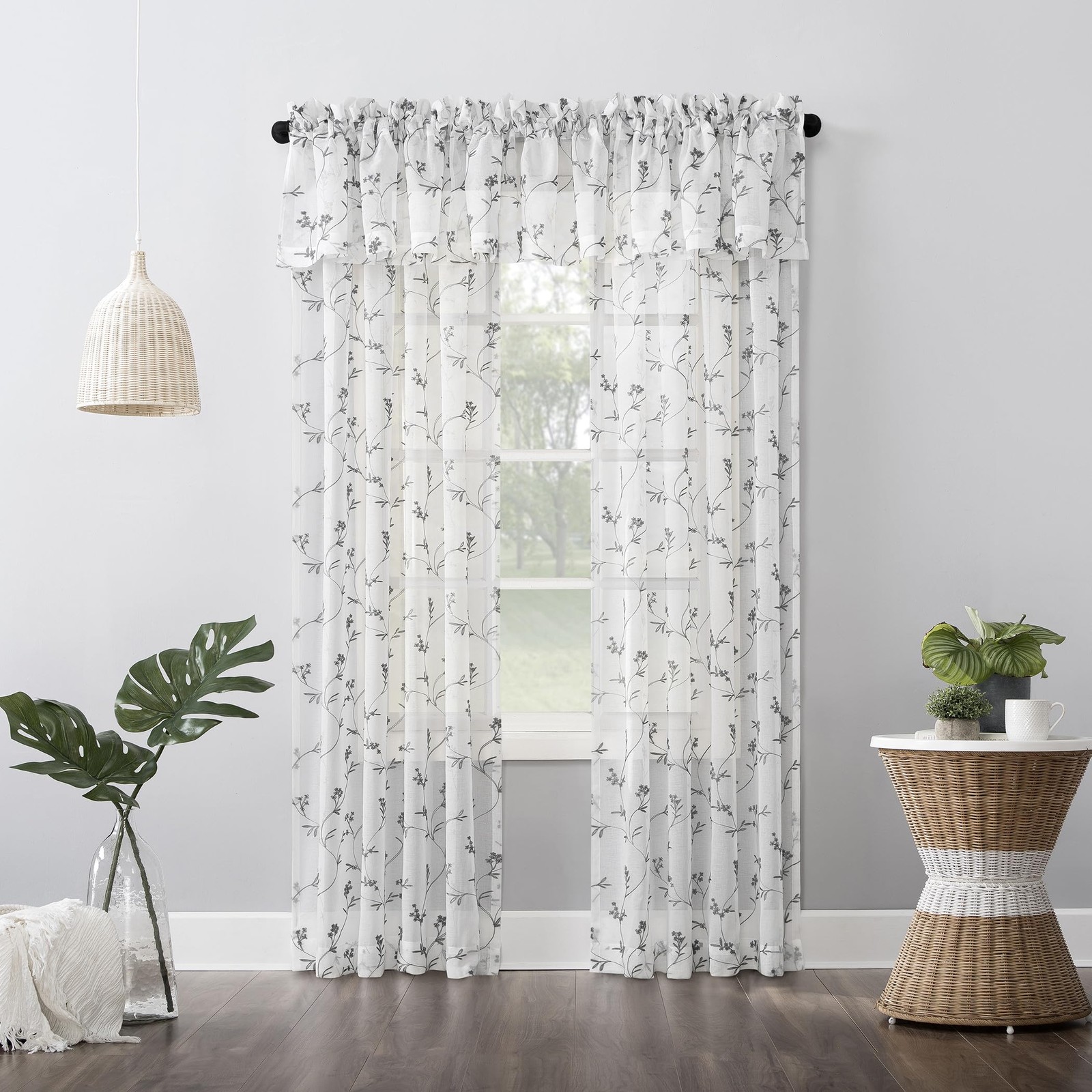 Delia Embroidered Floral Sheer Rod Pocket Curtain Panel, 50″ x 84″, White