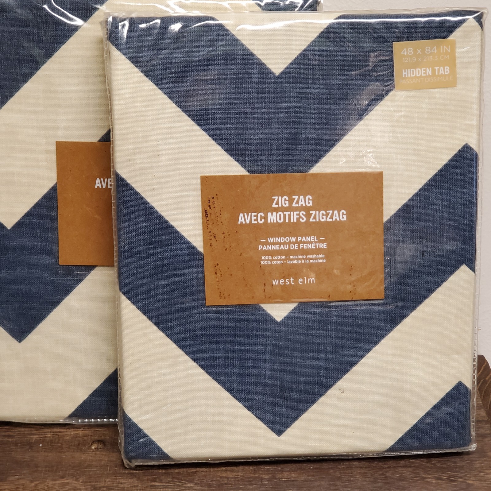 2 West Elm Zig Zag Avec Motifs Window Panels 48″ x 84″ Chevron Navy Blue Cream