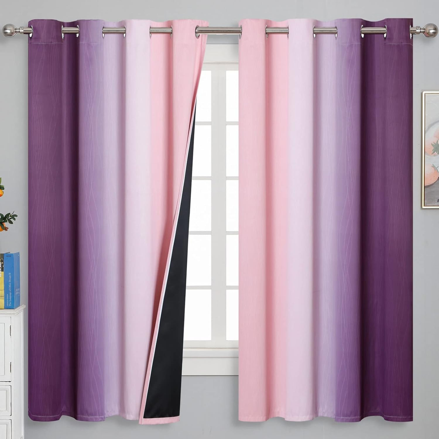 Pink and Purple Curtains 63 Inch Length 2 panels, Full Light Blocking Ombre Blac
