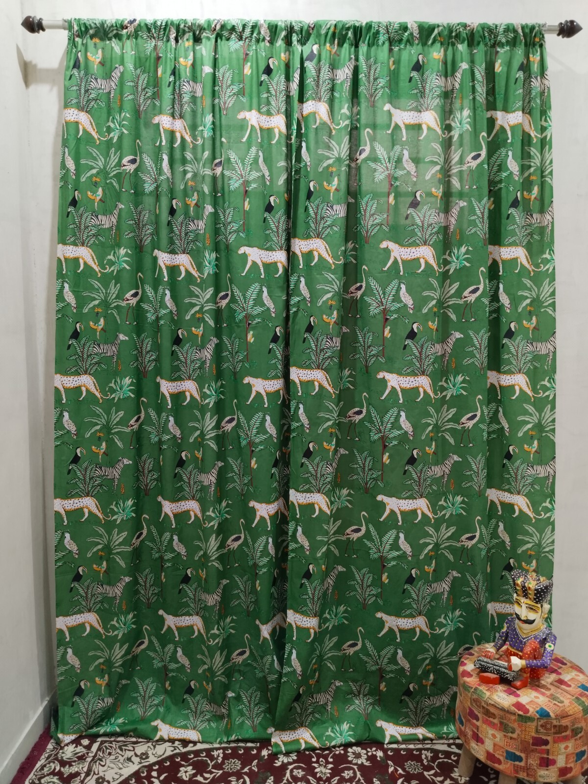 Boho Jungle Print Curtains – Set of 2 Cotton Panels, Tiger & Tropical Bird Print