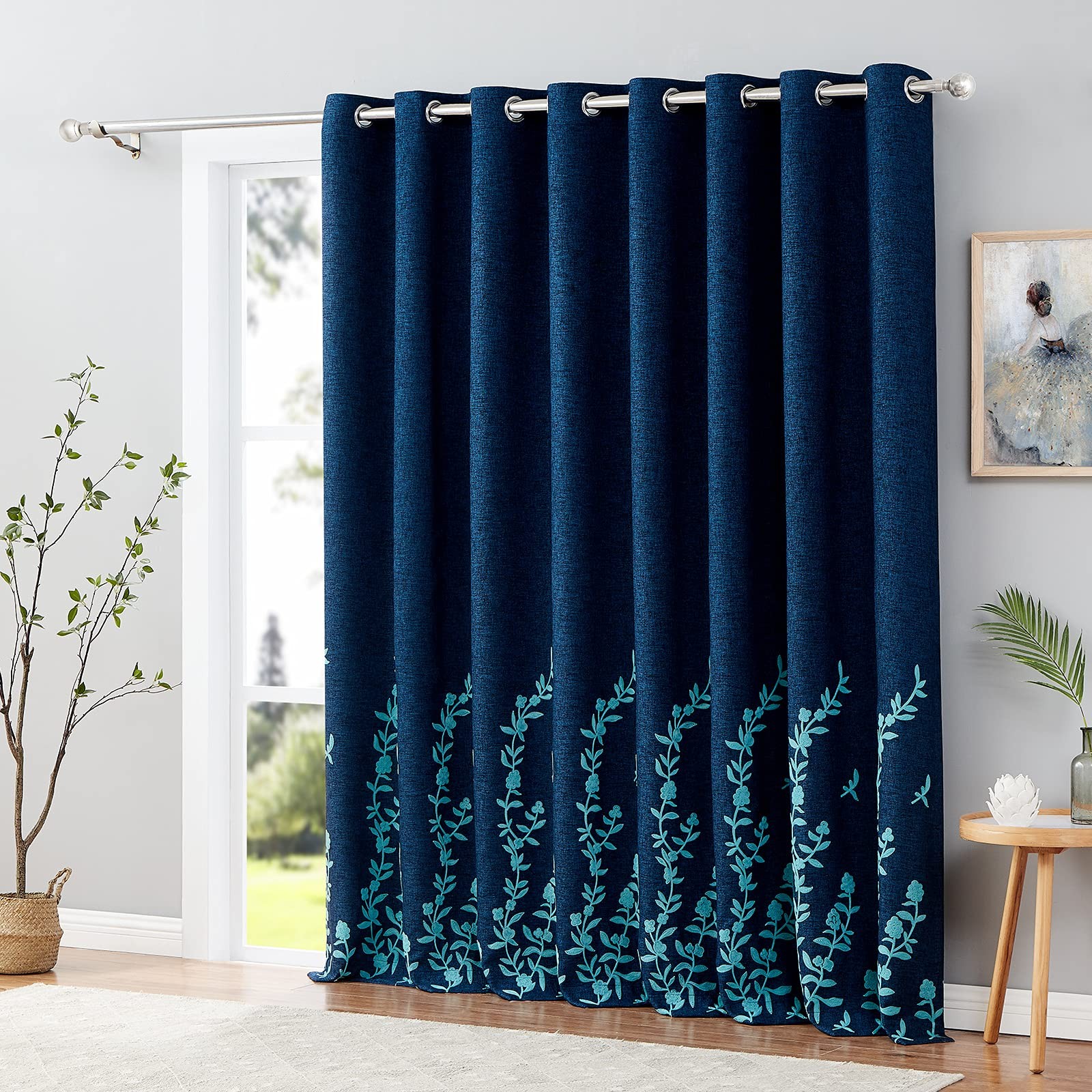 Flower Embroidery Linen Wide Blackout Curtains for Patio Door Living Room Lar…