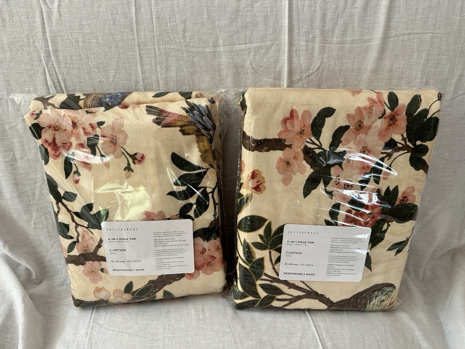 Pottery Barn Nola Set Of 2 Curtain Panels 50″ x 84″ IVORY Light Filtering NEW