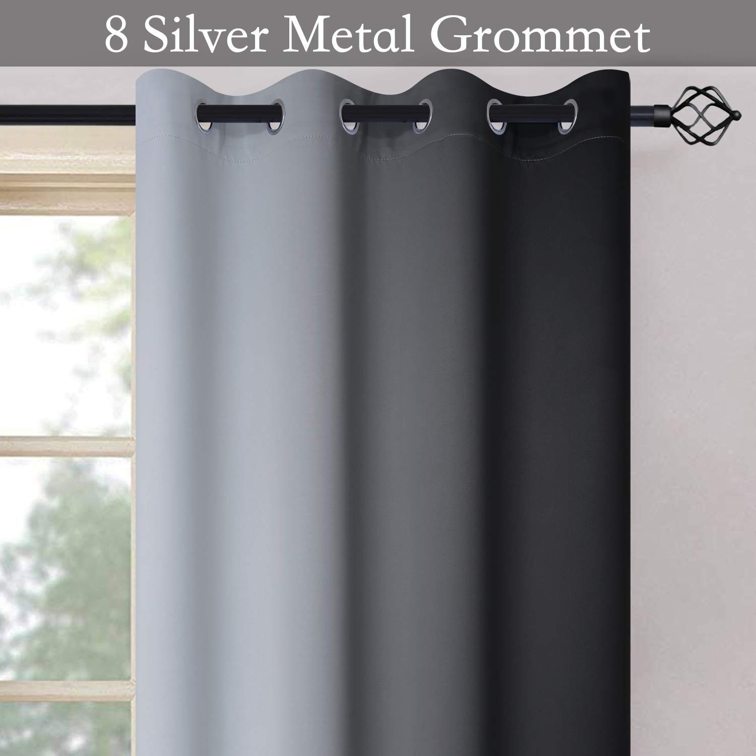 Ombre Room Darkening Curtains – Gradient Black to Grey, Thermal Insulated Gromme