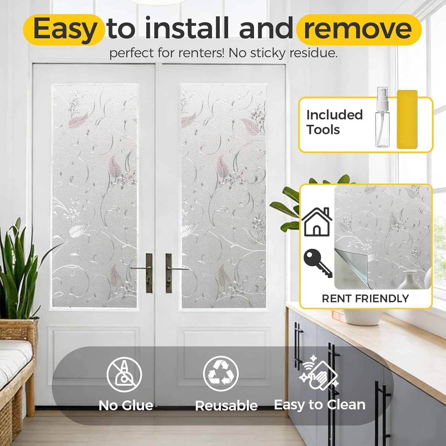 Window Privacy Film Decorative for Front Door, Bathroom Static Cling Stained Gla