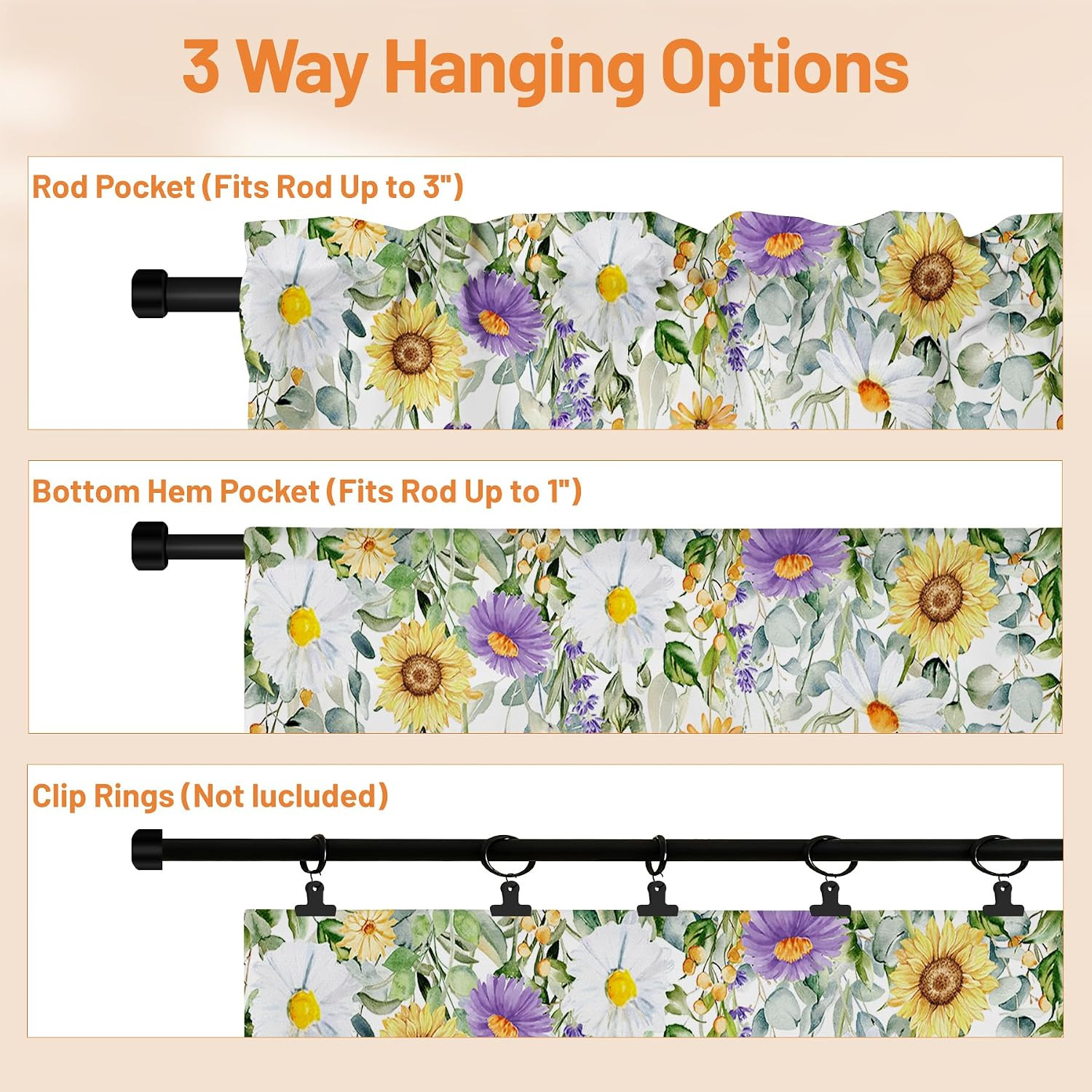 Spring Wildflower Flower Valances for Windows, Rod Pocket 42X12 in | Valance Cur