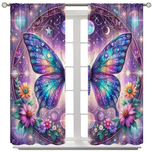 Fantasy Purple Floral Butterfly Curtains 20.5″W x 45″L (Pack of 2) Style-1