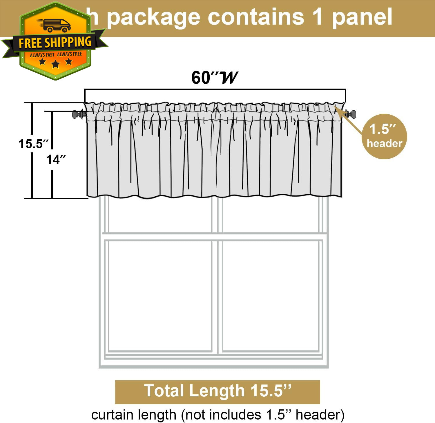 Black Faux Linen Valance 60x14in Kitchen Curtain Small Window Rod Pocket