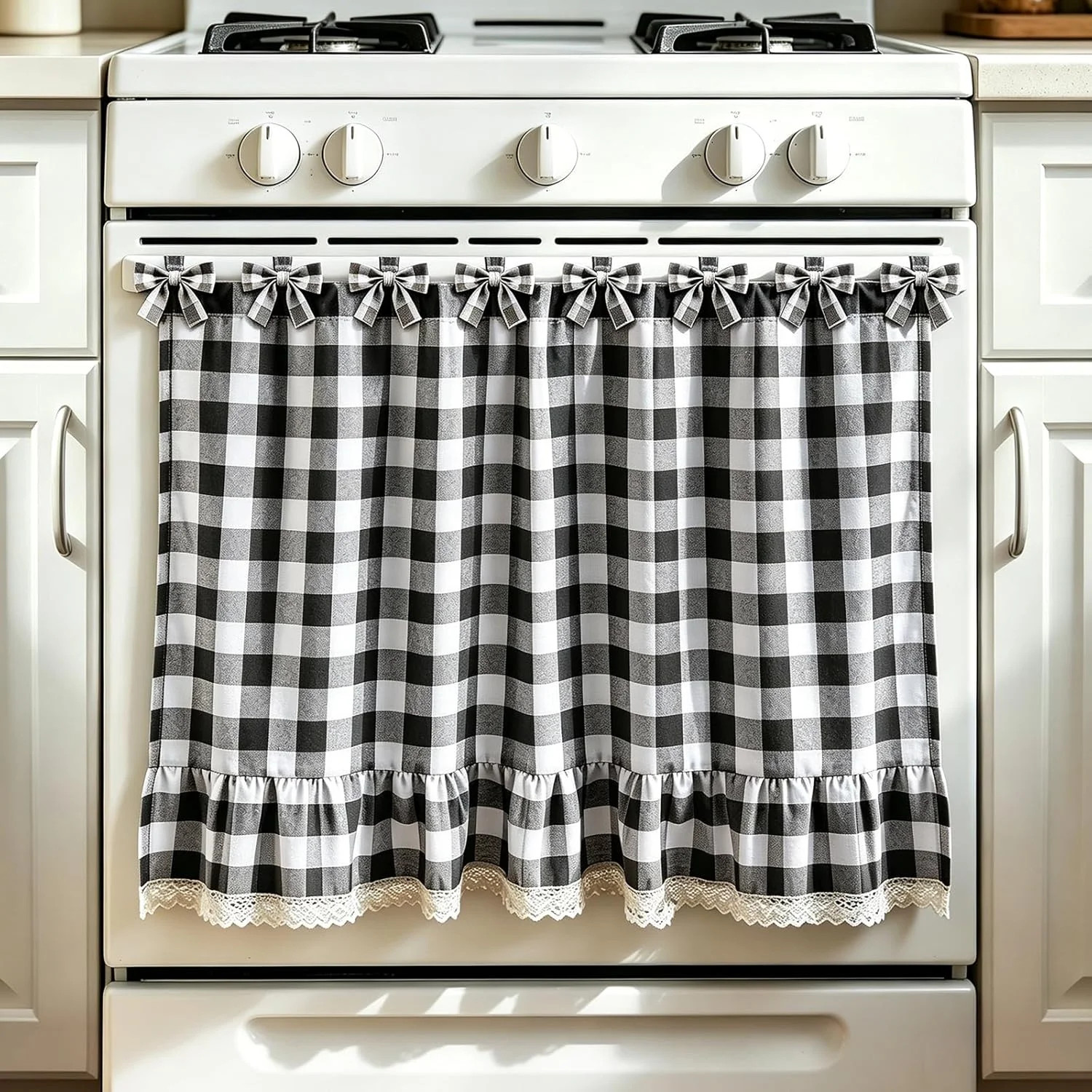 Oven Skirt Curtain, Farmhouse Tie Top Oven Curtain for Door with Ruffle Trim and